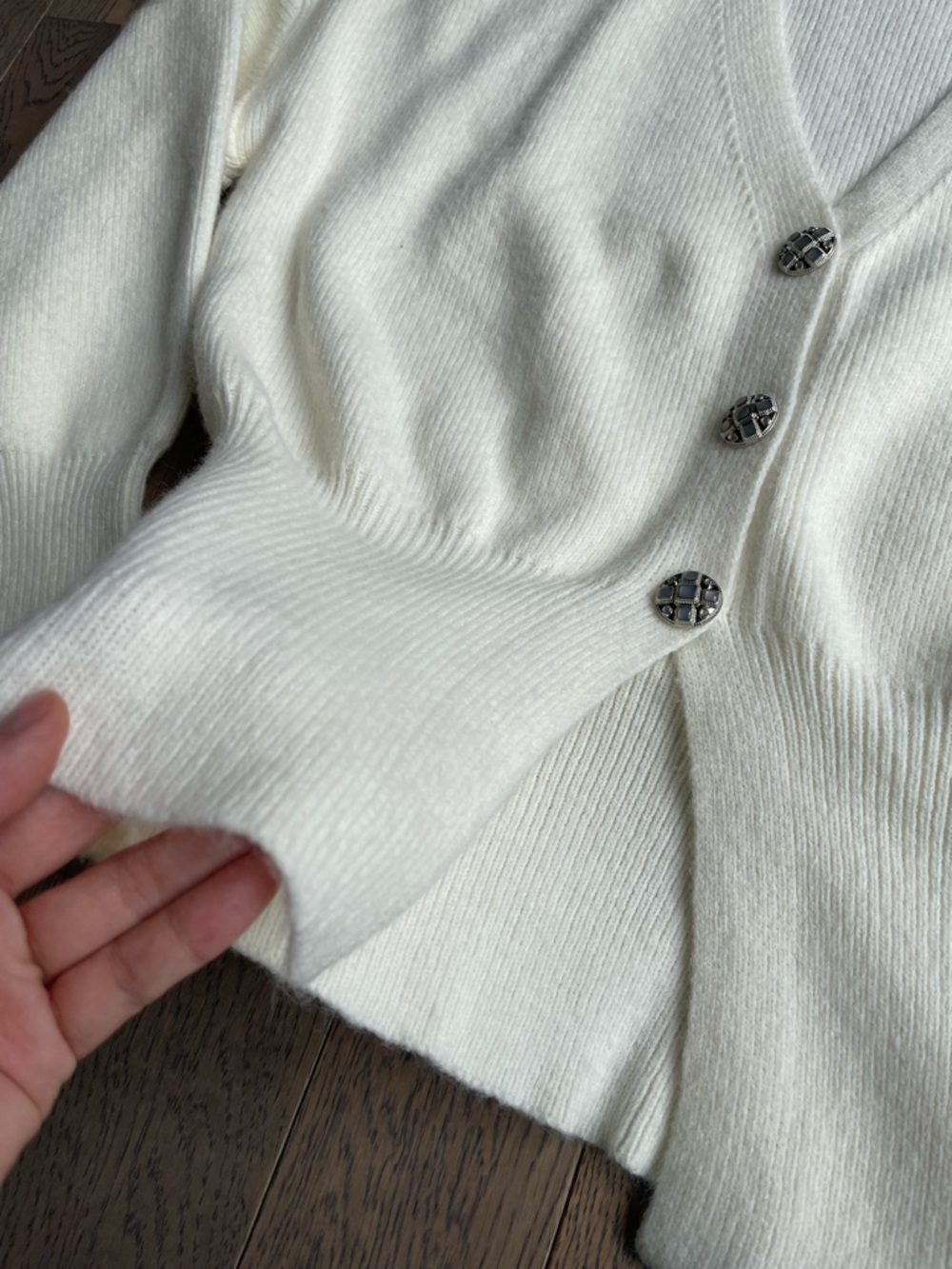 Cream Lace-Trim V-Neck Women's Cardigan Sweater - Picture 7 of 10